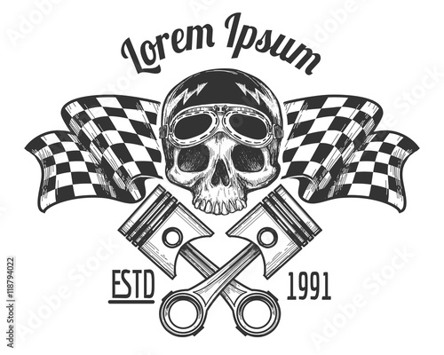 Vintage biker rider skull tattoo banner with racing checkered flags vector illustration
