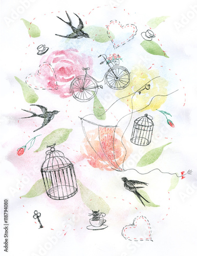 набор из клеток, птиц, цветов, чашек и воздушного змея для летней иллюстрации.Акварель и набросок чернилами. Летняя открытка.