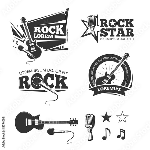 Rock music shop, recording studio, karaoke club vector labels, badges, emblems logos