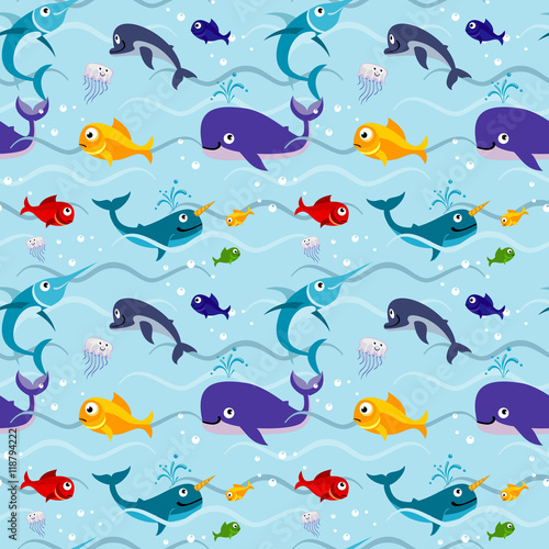 Funny kids fish in water seamless vector background