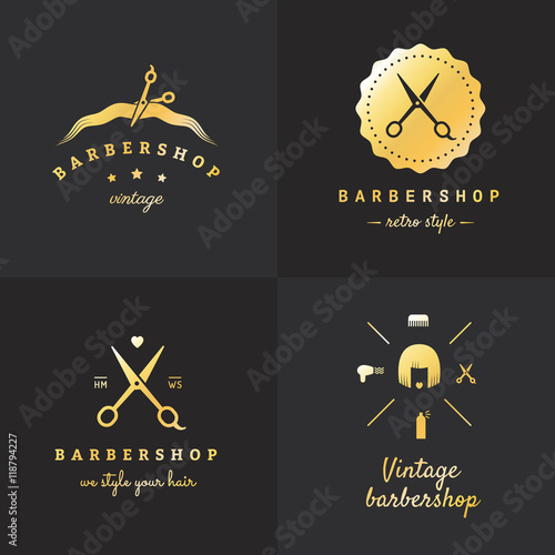Gold barbershop logo vector set. Vintage design. Part two.