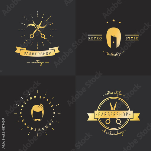 Gold barbershop logo vector set. Vintage design. Part one.