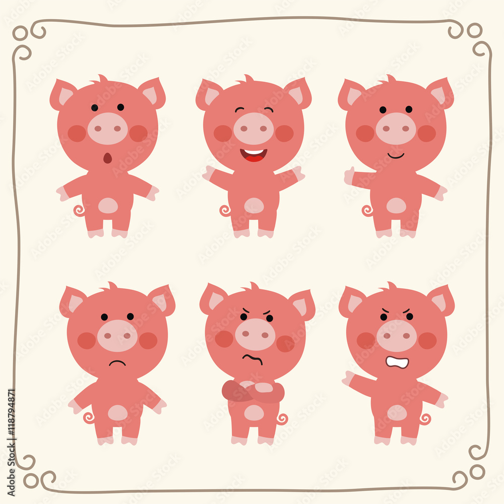 Vector set isolated emotions pig. Collection emoji pig. Cute cartoon pig. Vector set isolated emotions pig. Collection emoji pig. Cute cartoon pig.