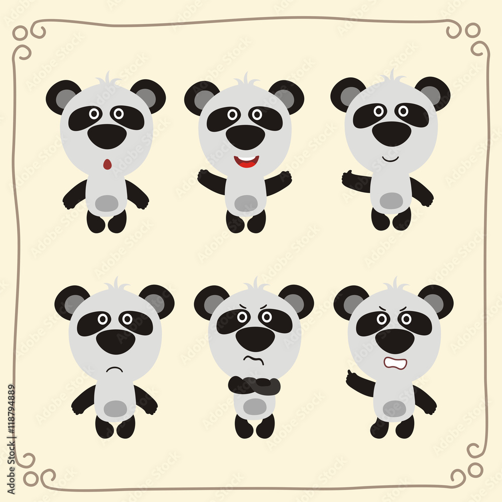 Vector set isolated emotions panda bear. Collection emoji panda. Cute cartoon panda.