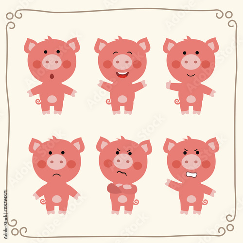 Fototapeta Naklejka Na Ścianę i Meble -  Vector set isolated emotions pig. Collection emoji pig. Cute cartoon pig.
