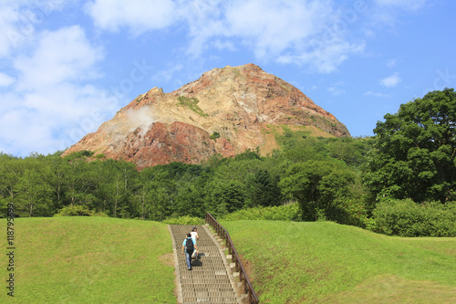 HOKKAIDO, JAPAN – AUGUST 28, 2015 : View of Usu-zan mountain (Mount Usu), an active volcano near Toya lake, the famous tourist attraction of Hokkaido