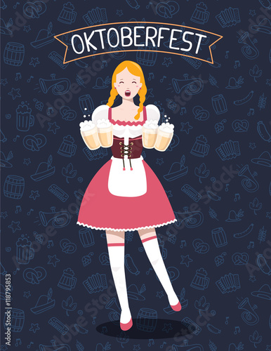 Vector colorful illustration of german full length girl waitress