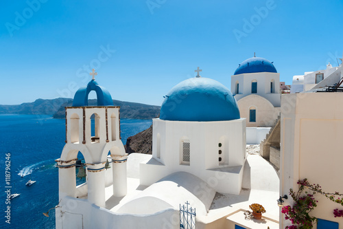 White and blue Santorini - view of caldera with domes