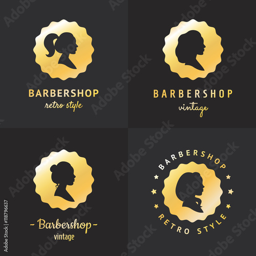 Gold barbershop profiles vintage logo vector set. Part one.
