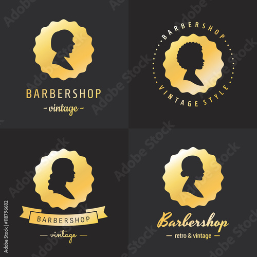 Gold barbershop profiles vintage logo vector set. Part one.