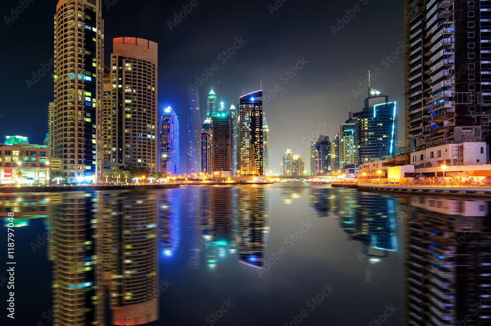 Amazing night dubai marina skyline with tallest skyscrapers and beautiful water reflection, Dubai, United Arab Emirates