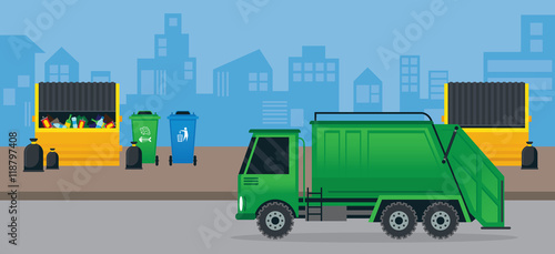 Waste or Garbage Truck and Dumpster, Management in City, Urban Background