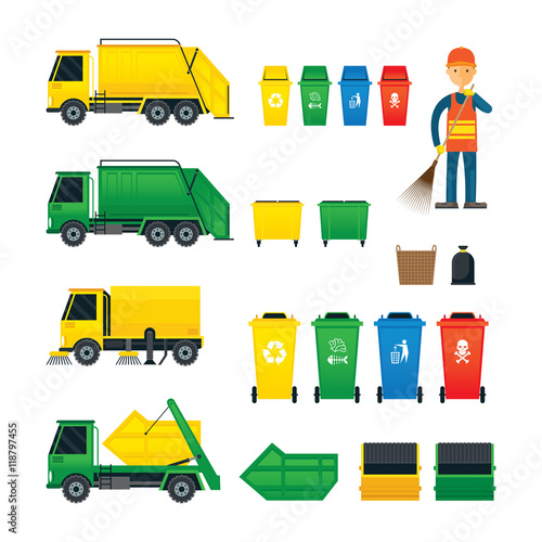 Waste Collection, Truck, Bin, Dumpster, Sweeper, Symbol Object Colour Set