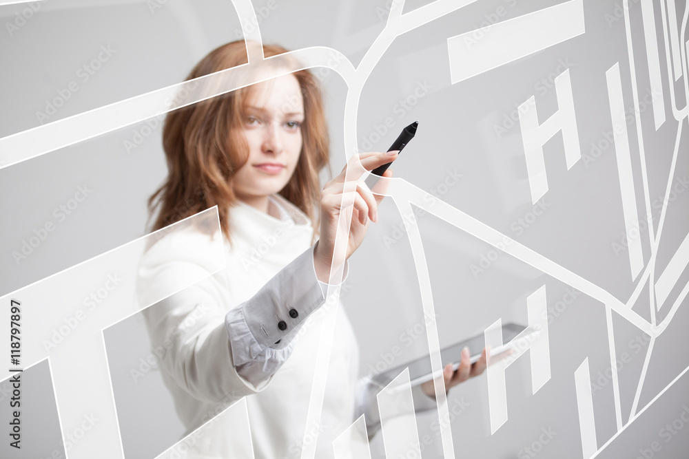 Future technology, navigation, location concept. Woman showing transparent screen with gps navigator map.