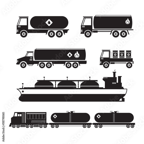 Oil Industry Vehicles, Transportation Silhouette Set, Truck, Tanker Ship and Train, Side View
