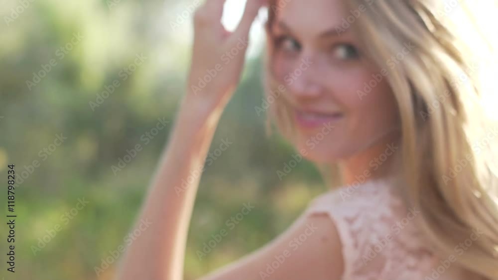 Beauty girl running among the trees. Cutaway blured shot like in dream Beauty girl running among the trees. Cutaway blured shot like in dream