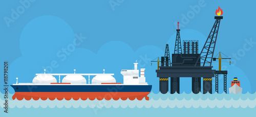 Oil Rig and Tanker Ship Side View, Gas, Petroleum, Fuel, Background