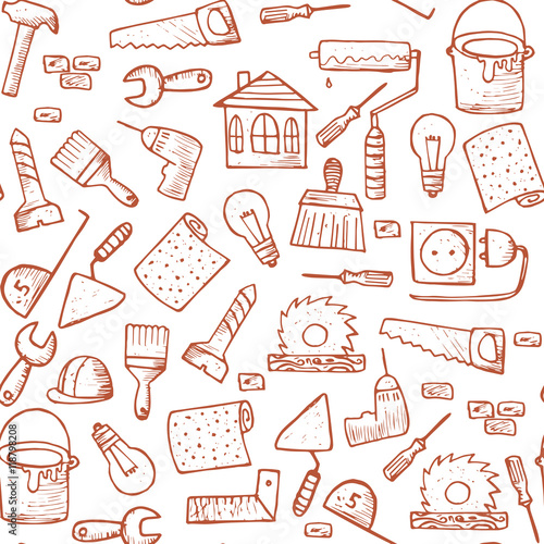 Home improvement icons. Hand Drawn Doodle Tools. Housework.