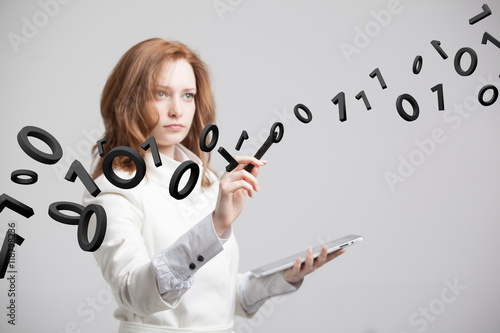 Canvas Print Woman working with binary code, concept of digital technology.