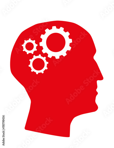 Human head in profile with machine cogs or gears in the brain area as a metaphor