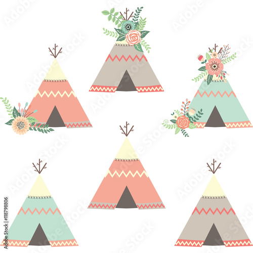 Floral Teepee Tents.Tribal Set