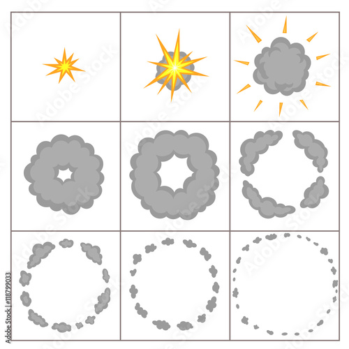 Explode effect animation with smoke. Cartoon bang explosion frames for game. Sprite sheet for cartoon fire puff explosion, mobile, flash game effect animation.