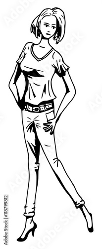 inkttekening van model met spijkerbroek