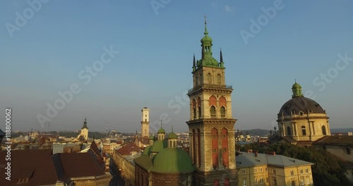 Lviv roofs and streets aerial view, Ukraine Dominican photo