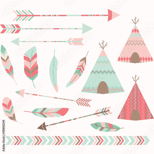 Pink Tribal Tee pee Tents set.Arrow,Border,Feather.Vector illustration