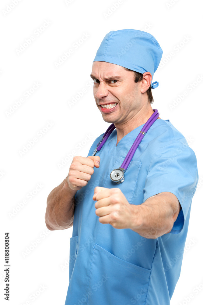 Medical doctor / male nurse fight on white background. Medical doctor / male nurse fight on white background.