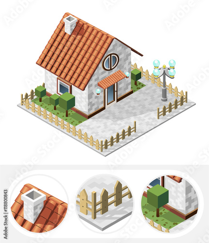 Isometric High Quality City Element with 45 Degrees Shadows on White Background. Cottage