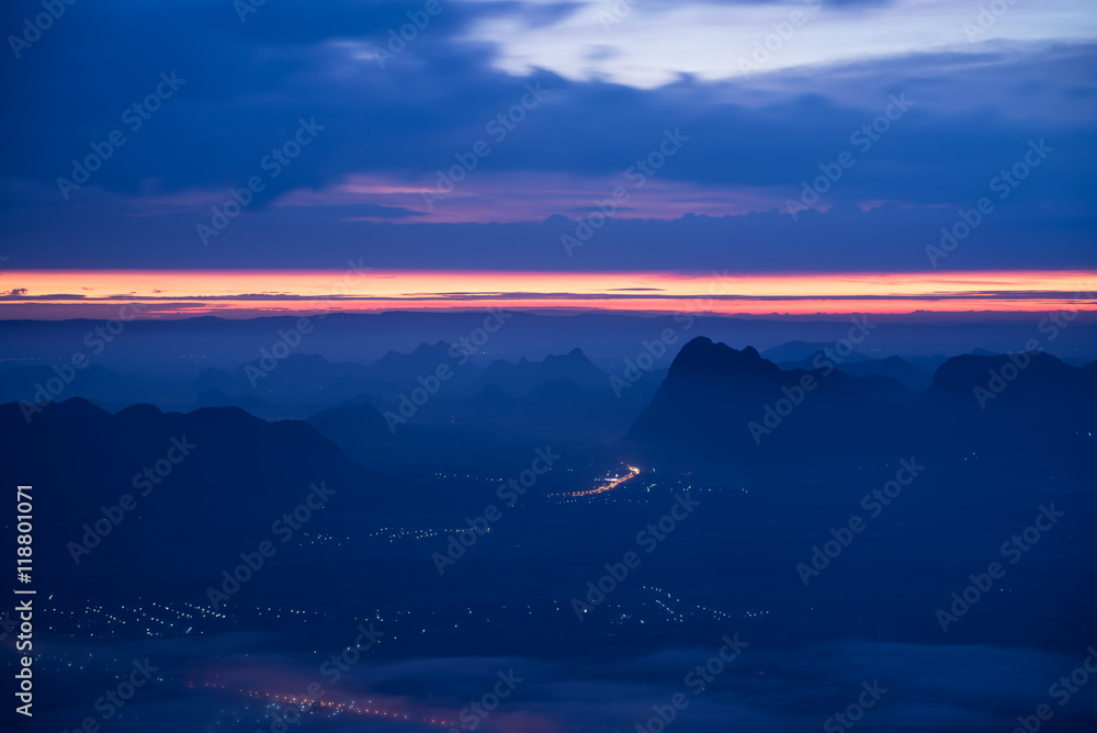 Dawn over mountain in the morning from viewpoint, travel nature concept.