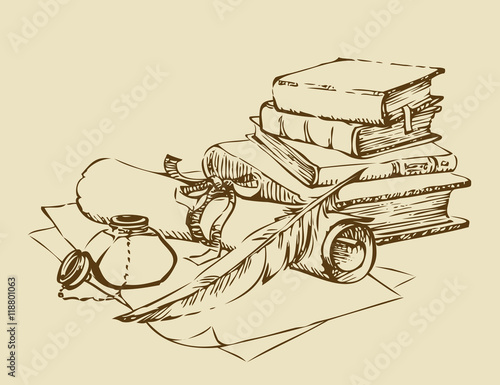 A still-life from an inkwell with a feather and a paper against