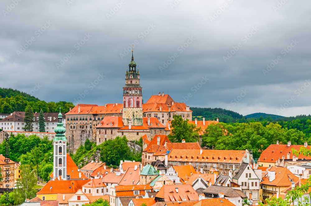 Medieval Bogemia town Cesky Krumlov and castle tower, Czech Repu
