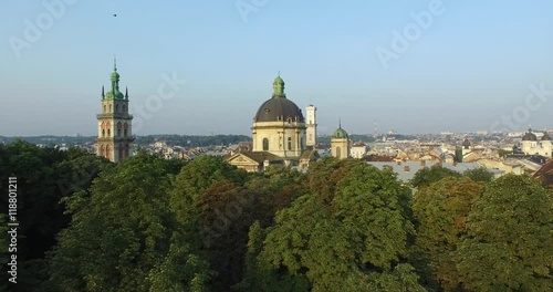 Lviv morning roofs and streets aerial view, Ukraine  photo