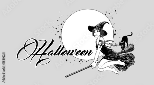 Young halloween witch flying on broom vector illustration