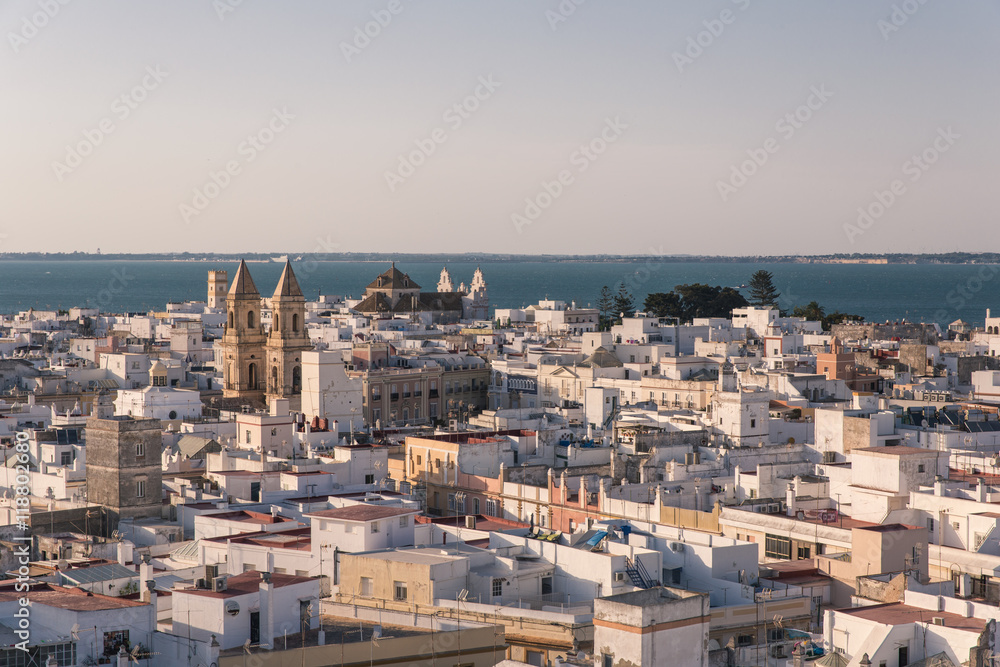 View of Cadiz from the top of Torre Tavira at sunset.