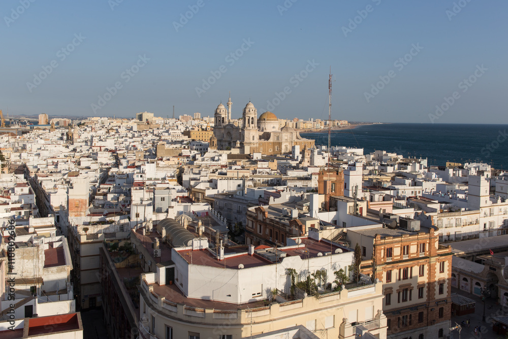 View of Cadiz from the top of Torre Tavira at sunset.