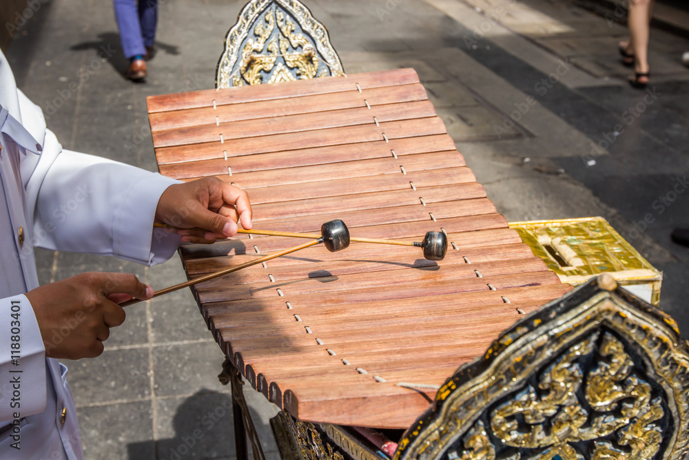Boy hands playing xylophone,Wooden xylophone called ranat is most