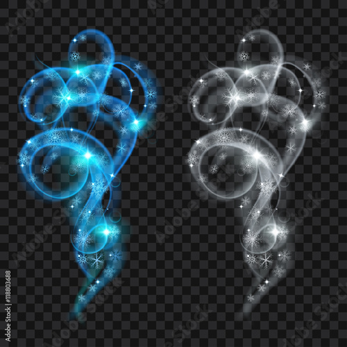 Translucent swirls of snowflakes on transparent background. Transparency only in vector file