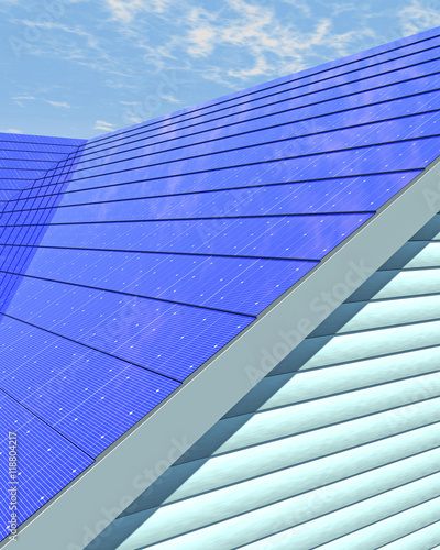 3D render of an integrated solar shingle roof with overlapping rows of PV panels. Fictitious UAV and generic solar panels; depth-of-field for dramatic effect.