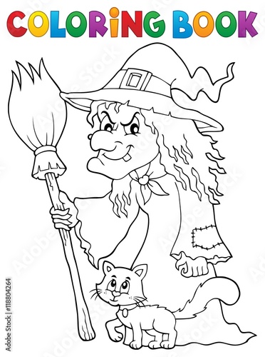 Coloring book witch with cat and broom