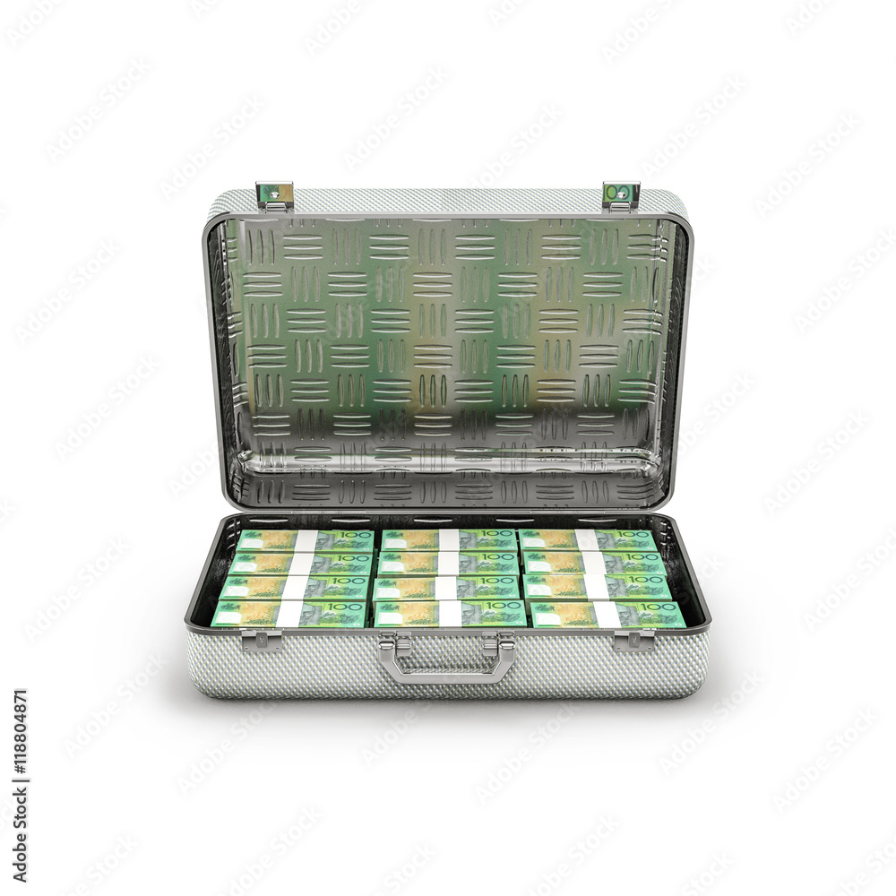 Briefcase ransom Australian dollars / 3D illustration of stacks of Australian hundred dollar bills inside metal briefcase Briefcase ransom Australian dollars / 3D illustration of stacks of Australian hundred dollar bills inside metal briefcase