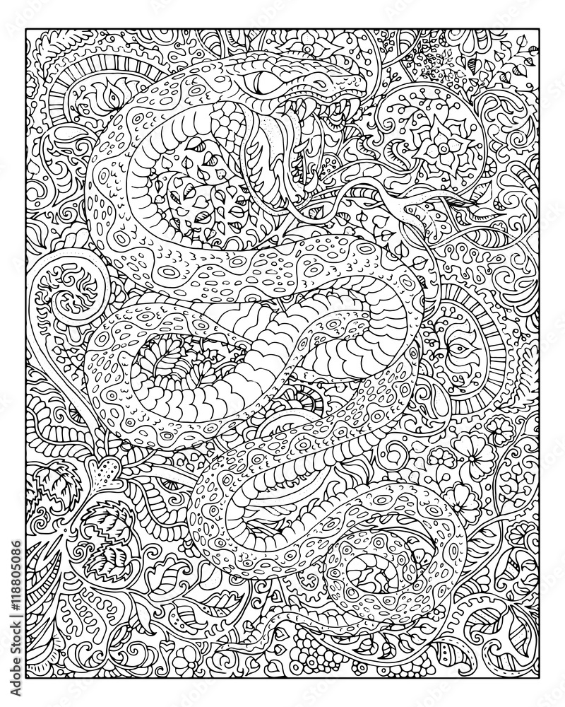 Fototapeta premium Hand drawn snake against zen floral pattern background