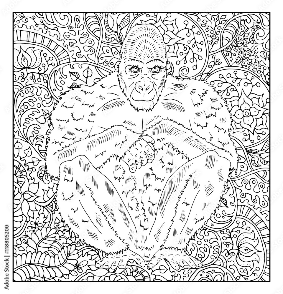 Hand drawn monkey against zen floral pattern background Hand drawn monkey against zen floral pattern background