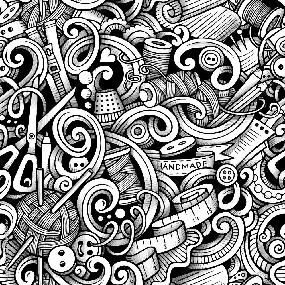 Cartoon hand-drawn doodles handmade, sewing seamless pattern