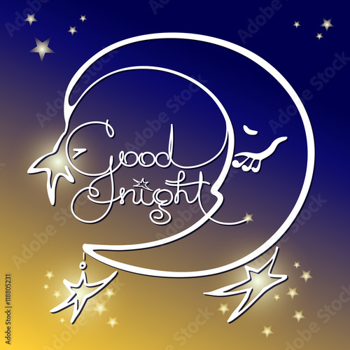 Good night. Vector illustration of handwritten words, moon.