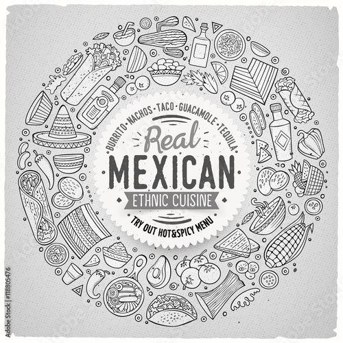 Set of Mexican food cartoon doodle objects, symbols and items