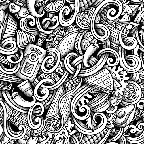 Cartoon hand-drawn doodles Mexican cuisine seamless pattern