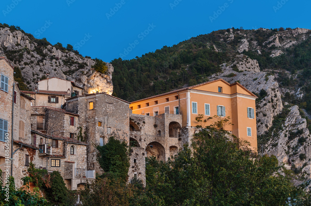 Mountain old village Peille, Provence Alpes, France. Night view